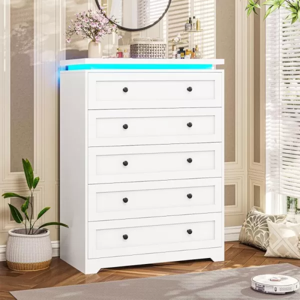 VIAGDO 5 Drawer Dresser for Bedroom with LED Lights Modern Black Chest of Drawers with Gold Metal Handle Large Capacity Wood Dresser 453quot Tall Dresser for Closet Entryway NurseryWhite