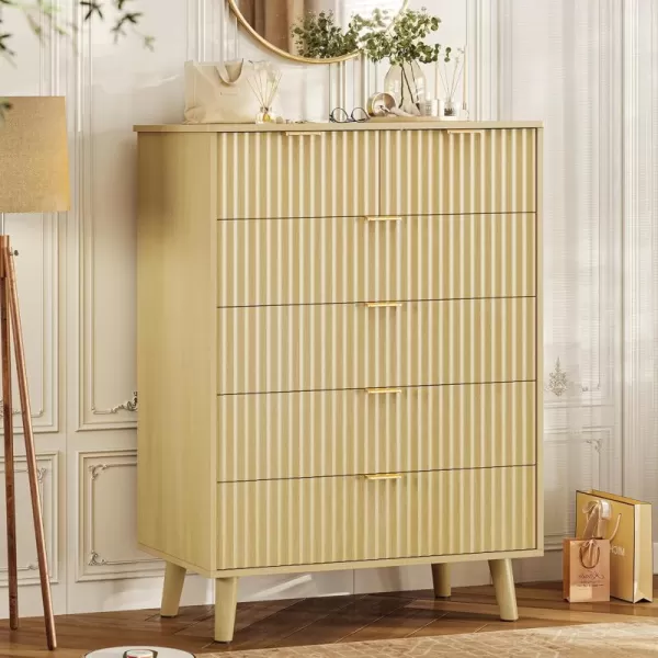 VIAGDO 7 Drawer Dresser for Bedroom with Fluted Panel 472 Wide Mid Century Modern Fluted Dresser Chest of Drawers with Gold Metal Handles Black Organizer Storage Cabinet for Closet EntrywayNatural Oak