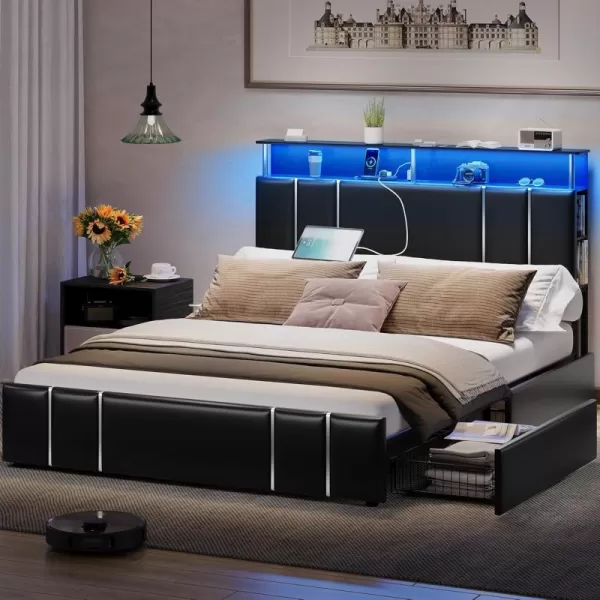 VIAGDO Bed Frame Full Size with Bookcase Headboard and 4 Storage Drawers Leather Upholstered Full Bed Frame with Charging Station and LED Lights Silver Iron Decor No Box Spring Needed BlackFull