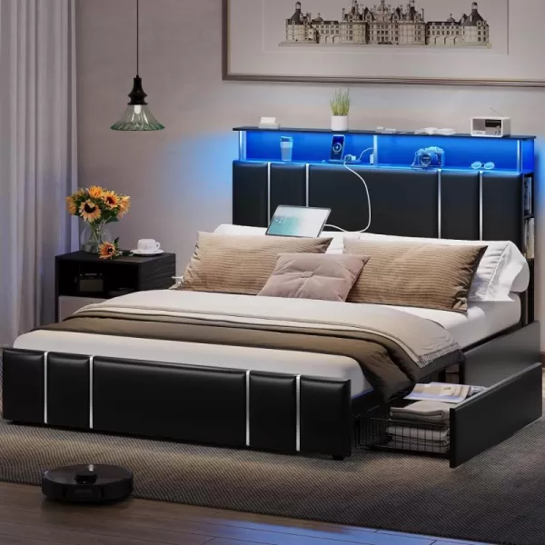 VIAGDO Bed Frame Full Size with Bookcase Headboard and 4 Storage Drawers Leather Upholstered Full Bed Frame with Charging Station and LED Lights Silver Iron Decor No Box Spring Needed BlackQueen