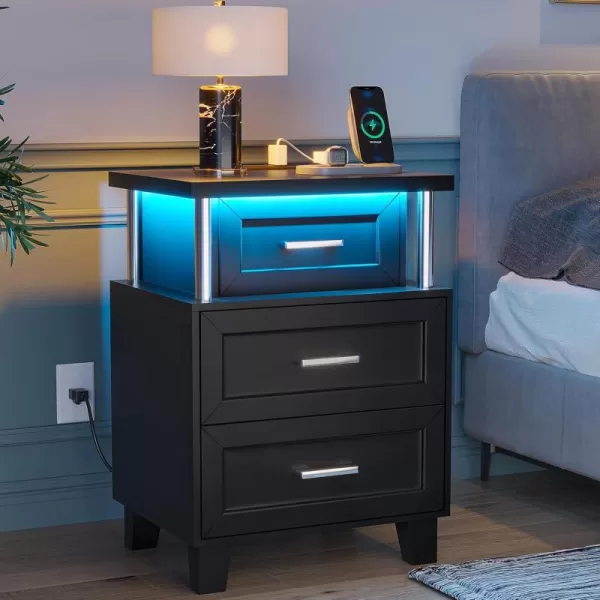VIAGDO Black Nightstand Set of 2 LED Night Stand Set 2 with Charging Station Modern Nightstand with 3 Drawers Vintage Bedside Tables End Side Table with Storage for Bedroom OfficeBlack