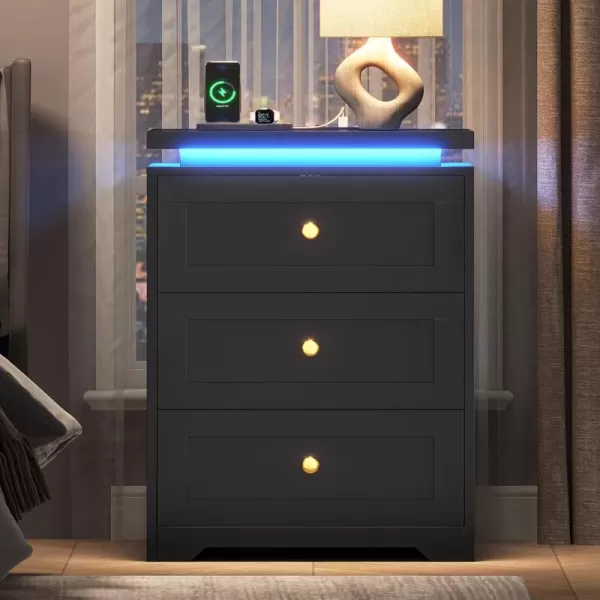 VIAGDO Black Nightstand with Charging Station Charging Nightstand with 3 Storage Drawers Modern LED Nightstand with Lights Large Bedside Table with USB Ports and Outlets for Bedroom DormBlack