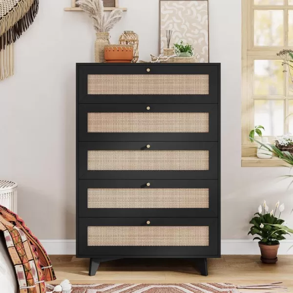 VIAGDO Black Rattan Dresser for Bedroom 6 Drawer Dresser with Natural Rattan Drawers Wooden Wide Dresser with Gold Handles Modern Closet Dressers Chest of Drawers for Nursery Entryway Living RoomBlack