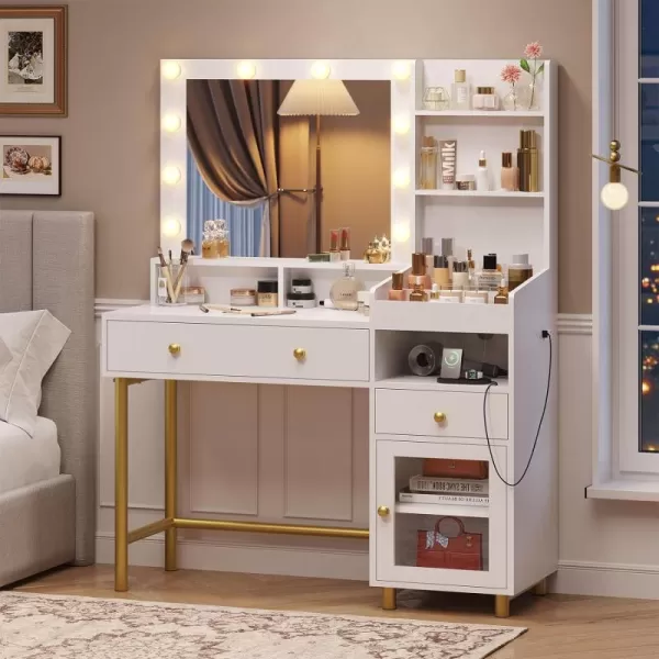 VIAGDO Black Vanity Desk with Mirror and Lights Makeup Vanity with Charging Station ampamp 3 Storage Compartments Makeup Desk with Drawers and Open Storage Shelves Bedroom Dressing TableModern White