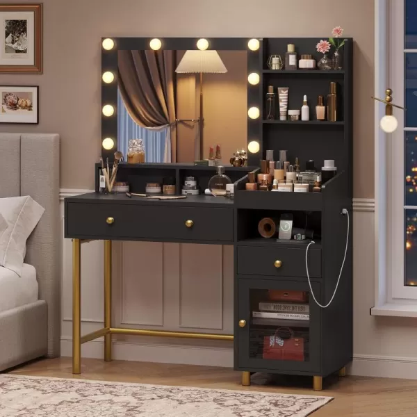 VIAGDO Black Vanity Desk with Mirror and Lights Makeup Vanity with Charging Station ampamp 3 Storage Compartments Makeup Desk with Drawers and Open Storage Shelves Bedroom Dressing TableModern Black