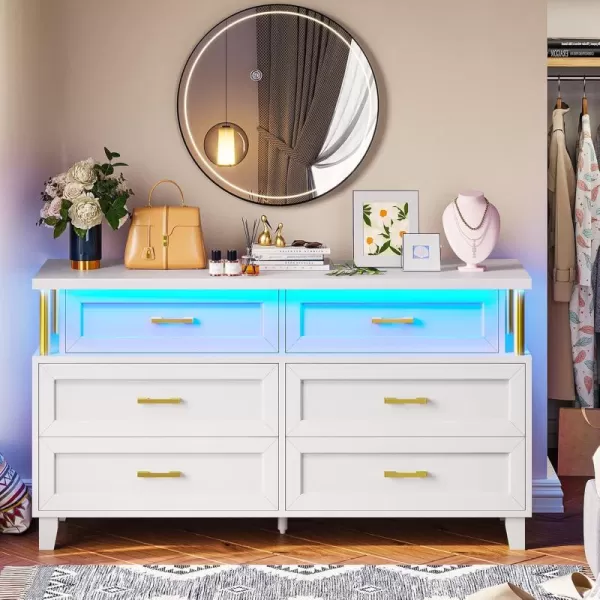 VIAGDO Dresser for Bedroom 6 Drawer Dresser with LED Light Modern Chest of Drawers Wood White Dresser for Living Room Entryway and HallwayWhite