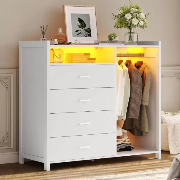 VIAGDO Dresser for Bedroom with Clothes Rail Chest of 4 Drawers with LED Lights Modern White Dresser with Open Storage Space for Bedroom Entryway Large CapacityWhite