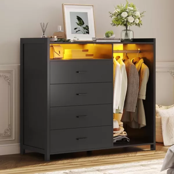VIAGDO Dresser for Bedroom with Clothes Rail Chest of 4 Drawers with LED Lights Modern White Dresser with Open Storage Space for Bedroom Entryway Large CapacityBlack