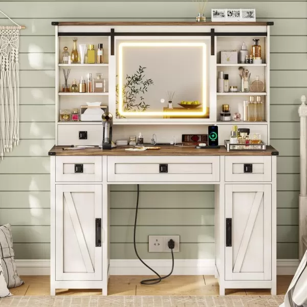 VIAGDO Farmhouse Vanity Desk with Sliding Mirror and Lights 47quot Barn Door Makeup Vanity with Charging Station ampamp 5 Drawers ampamp 2 Cabinets Large Makeup Desk Table with Hidden Shelves for BedroomAntique White
