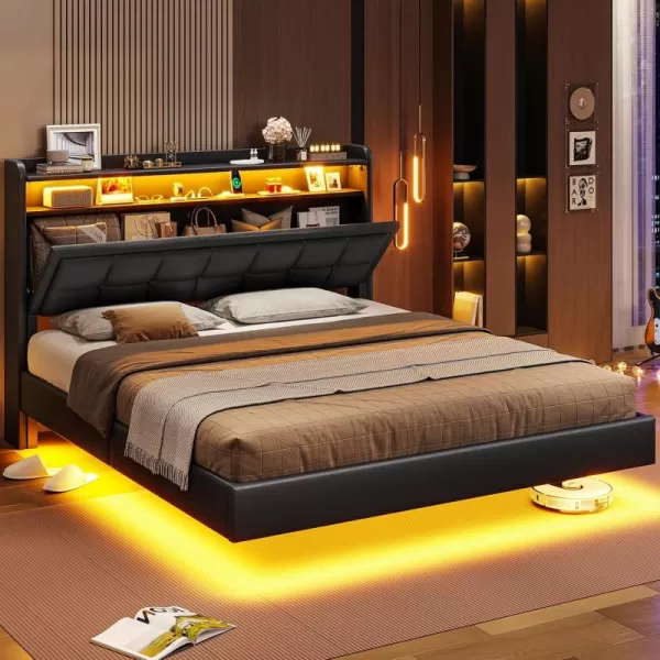 VIAGDO Floating Bed Frame Full Size with Storage Headboard Type C and 3 USB Charging Station Upholstered Bed Frame with Led Lights Visual Floating Hidden Storage No Box Spring Needed BlackQueen