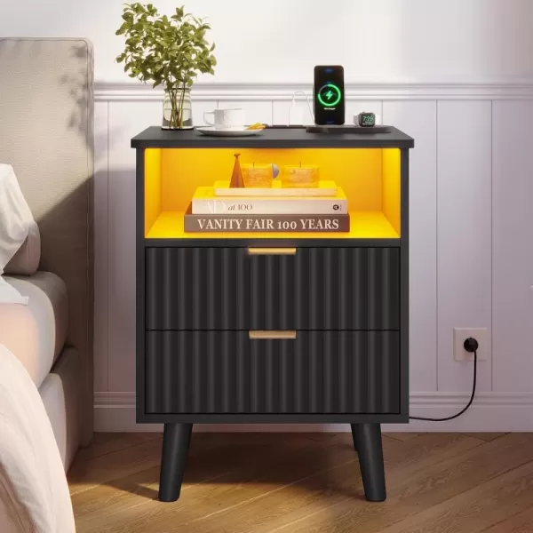 VIAGDO Fluted Nightstand with Charging Station and LED Lights Modern Night Stand with 2 Drawers and Open Storage Cabinet Bed Side Table with Gold Metal Handle for Bedroom Natural OakBlack