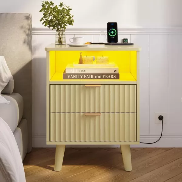 VIAGDO Fluted Nightstand with Charging Station and LED Lights Modern Night Stand with 2 Drawers and Open Storage Cabinet Bed Side Table with Gold Metal Handle for Bedroom Natural OakNatural Oak