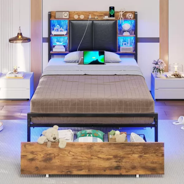 VIAGDO King Size Bed Frame with Charging Station Upholstered Storage Headboard and LED Lights LED Platform Bed Frame with Drawers No Box Spring Needed Easy Assembly Grey and BlackVintage Brown