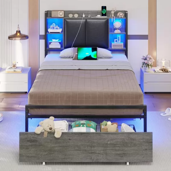 VIAGDO King Size Bed Frame with Charging Station Upholstered Storage Headboard and LED Lights LED Platform Bed Frame with Drawers No Box Spring Needed Easy Assembly Grey and BlackGrey