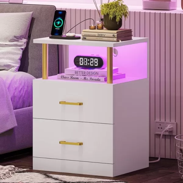 VIAGDO LED Night Stands Set of 2 with Charging Station and USB Ports White Nightstand with 2 Drawers Modern End Side Tables with Open Storage Bedside Tables for Bedroom OfficeWhite