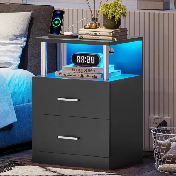 VIAGDO LED Night Stands Set of 2 with Charging Station and USB Ports White Nightstand with 2 Drawers Modern End Side Tables with Open Storage Bedside Tables for Bedroom OfficeBlack