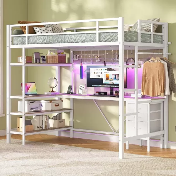 VIAGDO Loft Bed Twin Size with LShaped Desk Charging Station and LED Lights Twin Loft Bed with 4Tier Bookshelf and 3 Drawers Clothes Rail Safety GuardrailampampLadder No Box Spring Needed BlackWhite
