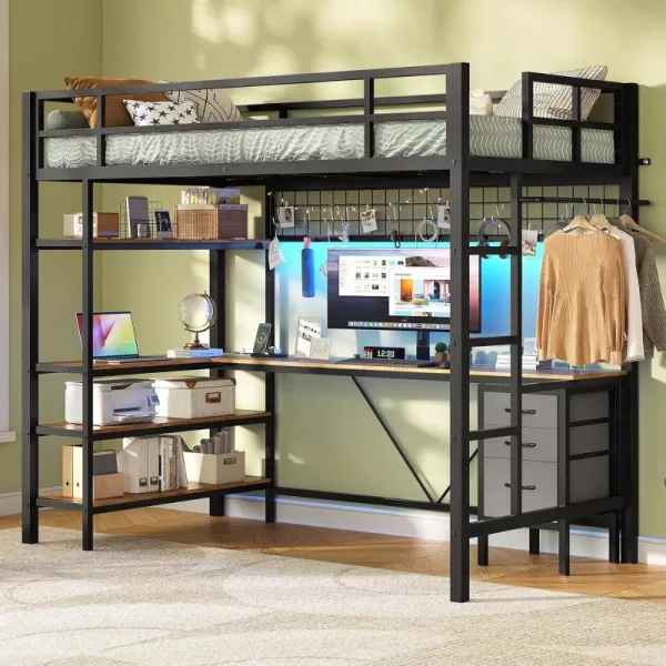 VIAGDO Loft Bed Twin Size with LShaped Desk Charging Station and LED Lights Twin Loft Bed with 4Tier Bookshelf and 3 Drawers Clothes Rail Safety GuardrailampampLadder No Box Spring Needed BlackBlack