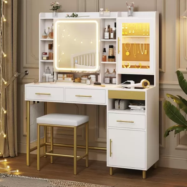 VIAGDO Makeup Vanity Desk Set with Mirror and Lights ampamp Charging Station ampamp Makeup Stool Black Vanity Table with RGB Jewelry Cabinet 4 Drawers Side Storage Pocket Hidden Storage SpaceWhite