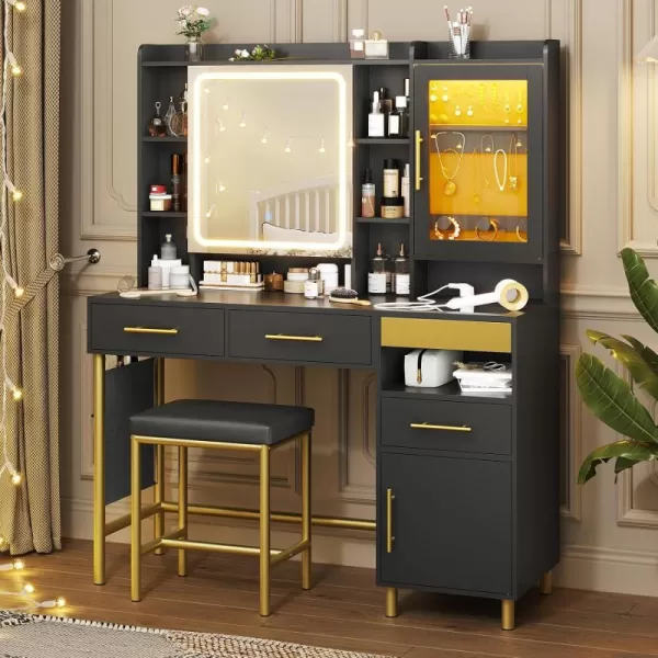 VIAGDO Makeup Vanity Desk Set with Mirror and Lights ampamp Charging Station ampamp Makeup Stool Black Vanity Table with RGB Jewelry Cabinet 4 Drawers Side Storage Pocket Hidden Storage SpaceBlack