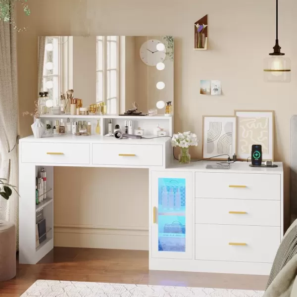 VIAGDO Makeup Vanity Desk with 3Colors Lighted Mirror White Vanity Table with Charging Station 5 Drawers Makeup Desk Dressing Table with Storage Shelves for Bedroom Dressing RoomWhite