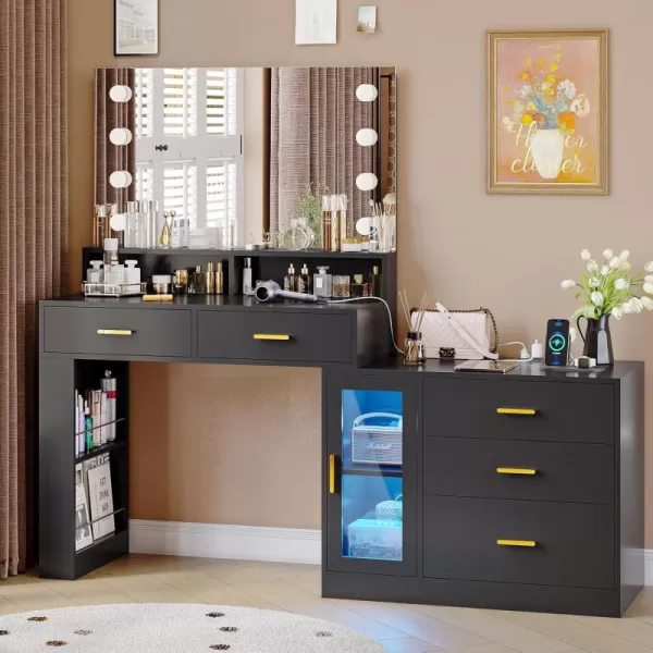 VIAGDO Makeup Vanity Desk with 3Colors Lighted Mirror White Vanity Table with Charging Station 5 Drawers Makeup Desk Dressing Table with Storage Shelves for Bedroom Dressing RoomBlack