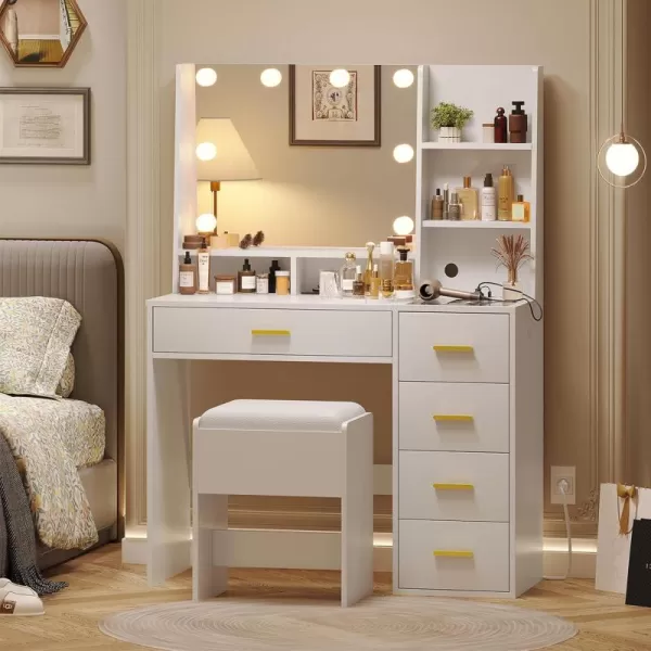 VIAGDO Makeup Vanity Set with Lights ampamp Charging Station Vanity Desk with Mirror and Lights Black Vanity with Cushioned Stool and Drawers Vanity Table for Bedroom Jewelry Box Storage ShelvesWhite