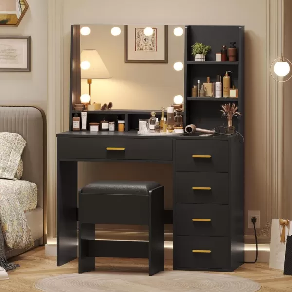 VIAGDO Makeup Vanity Set with Lights ampamp Charging Station Vanity Desk with Mirror and Lights Black Vanity with Cushioned Stool and Drawers Vanity Table for Bedroom Jewelry Box Storage ShelvesBlack