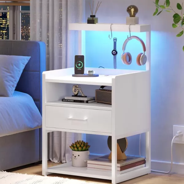 VIAGDO Night Stand Set 2 with Charging Station and LED Lights Black Night Stand with Drawer Modern End Side Table with Open Storage Shelves Bedside Tables for Bedroom OfficeWhite