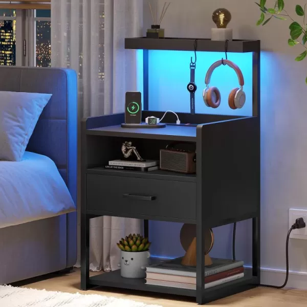 VIAGDO Night Stand Set 2 with Charging Station and LED Lights Black Night Stand with Drawer Modern End Side Table with Open Storage Shelves Bedside Tables for Bedroom OfficeBlack