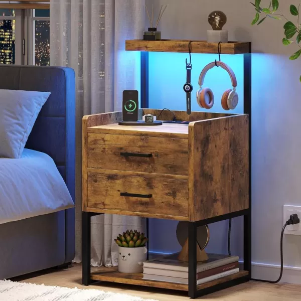 VIAGDO Nightstand with Charging Station and LED Lights White Bedside Night Stands with 2 Drawers and Open Storage Shelves Modern End Side Tables for Bedroom OfficeRustic Brown