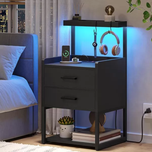VIAGDO Nightstand with Charging Station and LED Lights White Bedside Night Stands with 2 Drawers and Open Storage Shelves Modern End Side Tables for Bedroom OfficeBlack