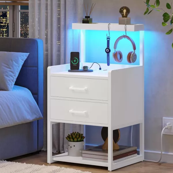 VIAGDO Nightstand with Charging Station and LED Lights White Bedside Night Stands with 2 Drawers and Open Storage Shelves Modern End Side Tables for Bedroom OfficeWhite