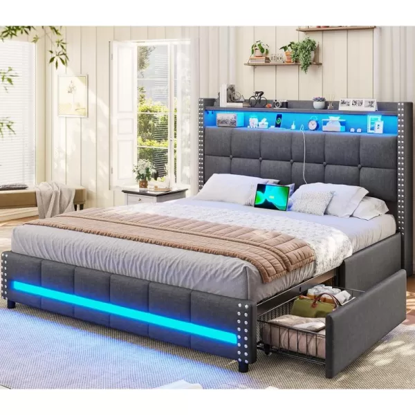 VIAGDO Queen Bed Frame with 4 Storage Drawers and LED Lights Upholstered Platform Bed Frame Queen Size with Button Tufted Headboard and Charging Station No Box Spring Needed Dark GreyQueen