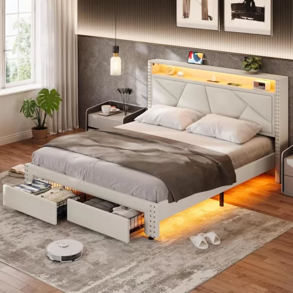 VIAGDO Queen Bed Frame with Shelf Headboard and 2 Storage Drawers Upholstered Platform Bed Frame Queen Size with Charging Station and LED Lights LED Queen Bed Frame No Box Spring Needed Dark GreyCream White
