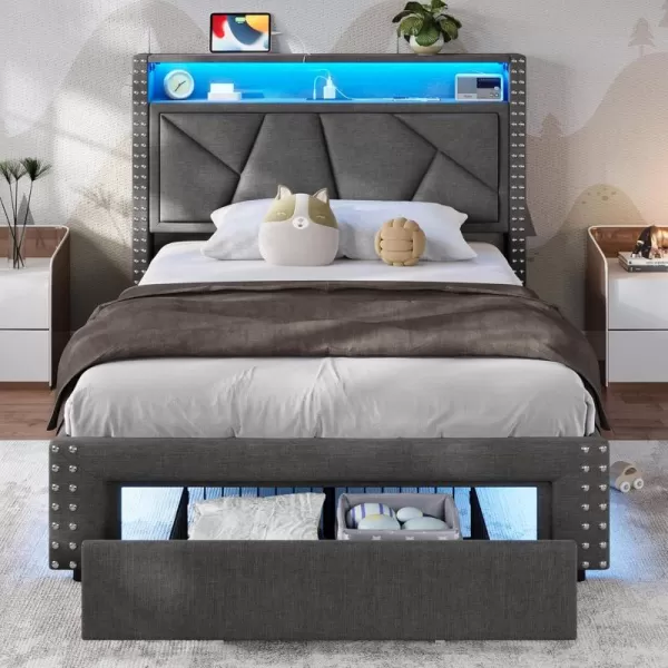 VIAGDO Queen Bed Frame with Shelf Headboard and 2 Storage Drawers Upholstered Platform Bed Frame Queen Size with Charging Station and LED Lights LED Queen Bed Frame No Box Spring Needed Dark GreyDark Grey