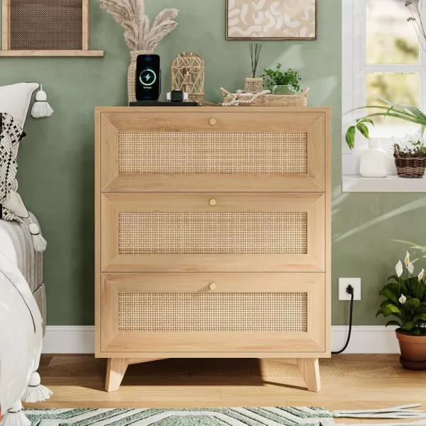 VIAGDO Rattan Nightstand with Charging Station Natural Rattan Night Stand with 3 Large Rattan Decorated Drawers Boho Bedside Table End Side Table 3 Drawer Rattan Dresser for BedroomNatural