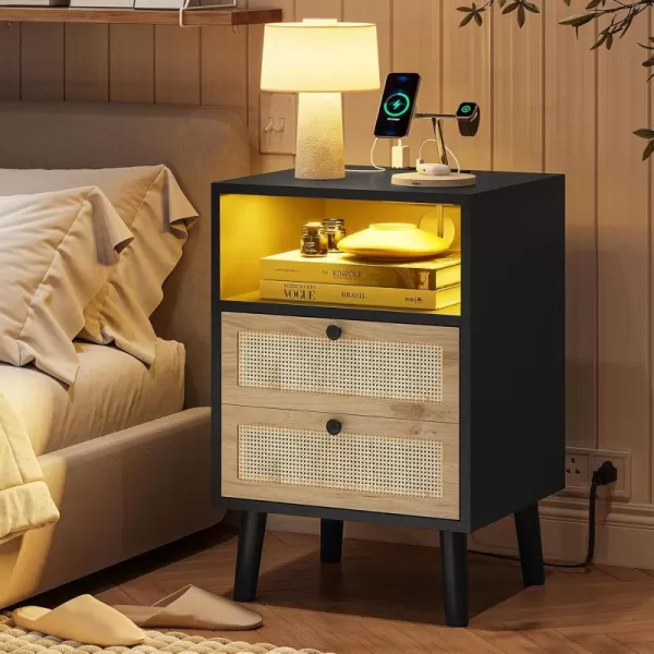VIAGDO Rattan Nightstands Set of 2 with LED Lights Night Stand with Charging Station and Storage Drawers Bedside Tables with Solid Wood Feet Modern End Side Table for Bedroom BlackBlack