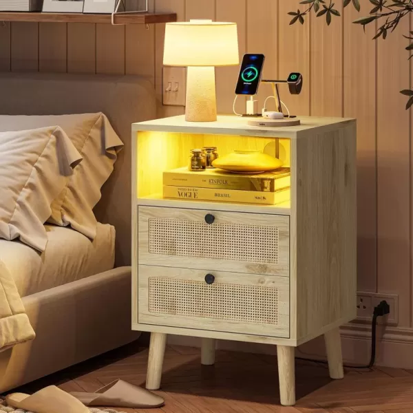 VIAGDO Rattan Nightstands Set of 2 with LED Lights Night Stand with Charging Station and Storage Drawers Bedside Tables with Solid Wood Feet Modern End Side Table for Bedroom BlackNatural