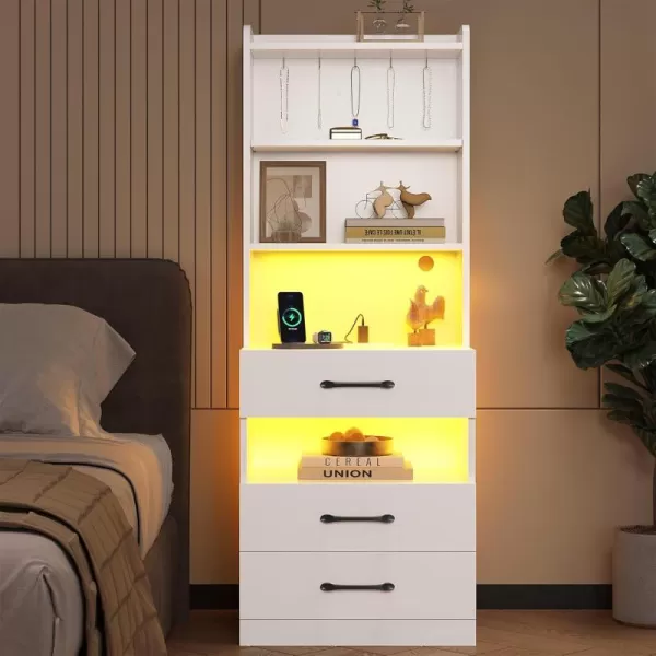 VIAGDO Tall Nightstand with Charging Station and LED Lights Rustic Brown Night Stand with Bookshelf Modern LED Bedside Table with 3 Drawers and Storage Shelves End Side Table for Bedrooms DormsWhite