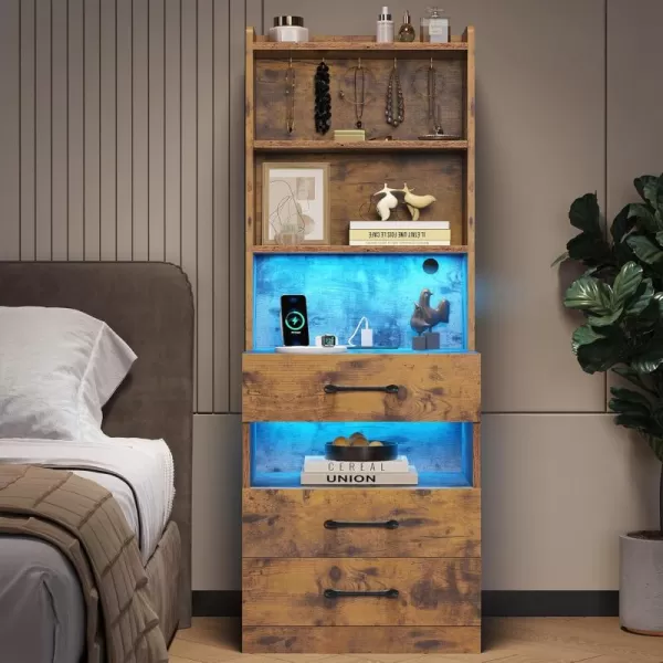 VIAGDO Tall Nightstand with Charging Station and LED Lights Rustic Brown Night Stand with Bookshelf Modern LED Bedside Table with 3 Drawers and Storage Shelves End Side Table for Bedrooms DormsRustic Brown