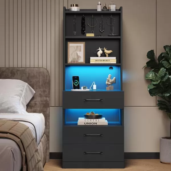 VIAGDO Tall Nightstand with Charging Station and LED Lights Rustic Brown Night Stand with Bookshelf Modern LED Bedside Table with 3 Drawers and Storage Shelves End Side Table for Bedrooms DormsBlack