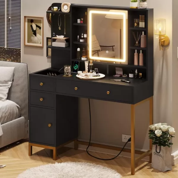 VIAGDO Vanity Desk with Openable Lighted Mirror ampamp Power Outlet Makeup Vanity Table with 3 Drawers and 4 Storage Shelves Black Vanity with Hooks Hidden Space BedroomModern Black