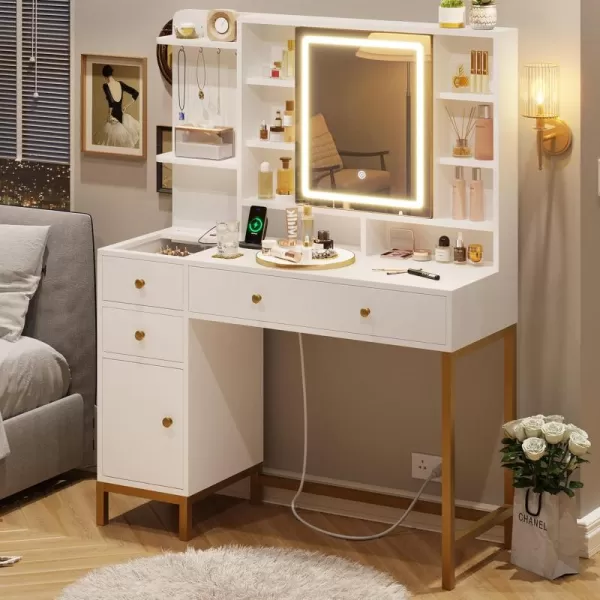 VIAGDO Vanity Desk with Openable Lighted Mirror ampamp Power Outlet Makeup Vanity Table with 3 Drawers and 4 Storage Shelves Black Vanity with Hooks Hidden Space BedroomModern White