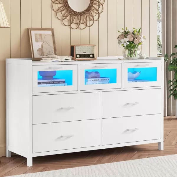 VIAGDO White 7 Drawers Dresser for Bedroom White LED Dresser with Deep Drawers Wood Bedroom Dresser with LED Lights for Closet Entryway Large Capacity Cabinet for StorageWhite