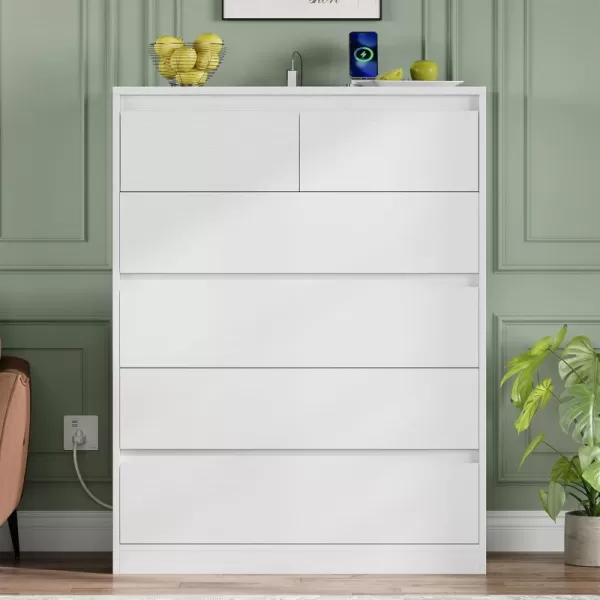 VIAGDO White 9 Drawer Dresser with Charging Station Wood Tall Chest of Drawers for Bedroom Modern Handleless Drawer Cabinet Large Capacity Storage Organizer for Living Room EntrywayWhite