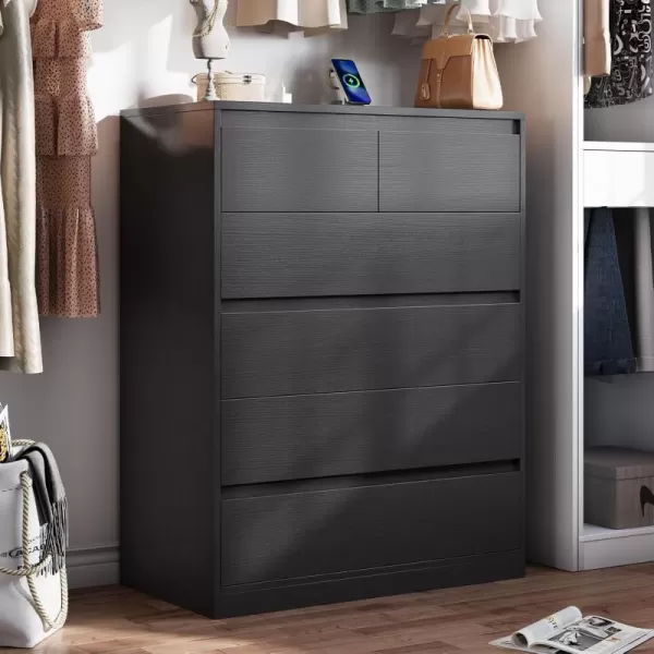 VIAGDO White 9 Drawer Dresser with Charging Station Wood Tall Chest of Drawers for Bedroom Modern Handleless Drawer Cabinet Large Capacity Storage Organizer for Living Room EntrywayBlack