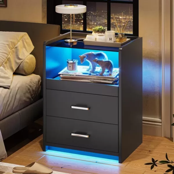 VIAGDO White Nightstand with Charging Station and LED Lights 2 Drawers LED Night Stand with Tempered Glass Tabletop Modern End Side Tables with PullOut Tray Open Storage Bedside TablesBlack