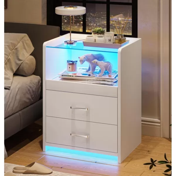 VIAGDO White Nightstand with Charging Station and LED Lights 2 Drawers LED Night Stand with Tempered Glass Tabletop Modern End Side Tables with PullOut Tray Open Storage Bedside TablesWhite