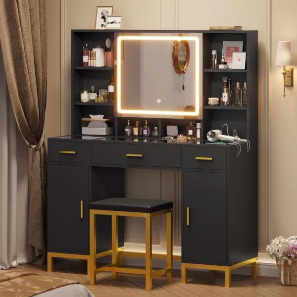 Vanity Desk with Openable Mirror and Lights Glass Tabletop Makeup Vanity Set with Charging Station Black Vanity Table with 3 Drawers ampamp 2 Cabinets DIY Drawer Dividers Hidden HooksBlack
